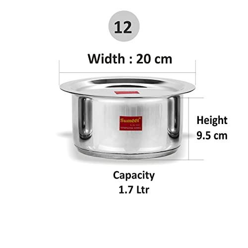 Sumeet Stainless Steel Induction Bottom (Encapsulated Bottom) Induction & Gas Stove Friendly Container/Tope/Cookware with Lid Size No.12 (1.7 LTR)