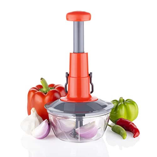 Tosaa Manual Press Fruit & Vegetable Chopper, with 3 Stainless Steel Blades, 1 Whisker, Anti-Slip Base, and Locking System, 500 ml, Color May Vary