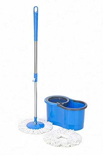 AVZEEGO Bucket Floor Cleaning and Mopping System Spin Mop Prime with Big Wheels and Stainless Steel Wringer,2 Microfiber Refills, (Blue)