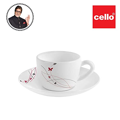 Cello Dazzle Queen Cup & Saucer 130 ml | Home and Kitchen Decor Items | Cups, Mugs and Saucer for Kitchen | Coffee Cup and Saucer Set | 6 Units | Lush Fiesta, White