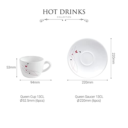 Cello Dazzle Queen Cup & Saucer 130 ml | Home and Kitchen Decor Items | Cups, Mugs and Saucer for Kitchen | Coffee Cup and Saucer Set | 6 Units | Lush Fiesta, White