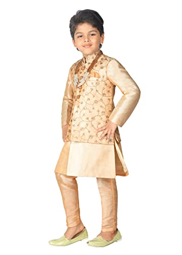 AHHAAAA Kids Indian Ethnic Banarasi Silk Kurta Pyjama and Waistcoat Set for Boys_GOLD410-8 Gold