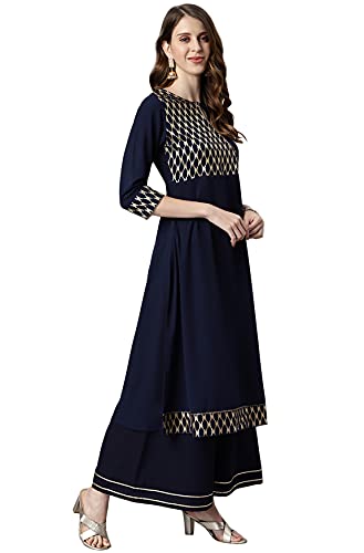 Janasya Women's Navy Blue Poly Crepe Ethnic Motifs Flared Kurta