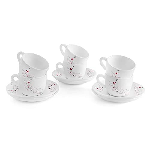 Cello Dazzle Queen Cup & Saucer 130 ml | Home and Kitchen Decor Items | Cups, Mugs and Saucer for Kitchen | Coffee Cup and Saucer Set | 6 Units | Lush Fiesta, White