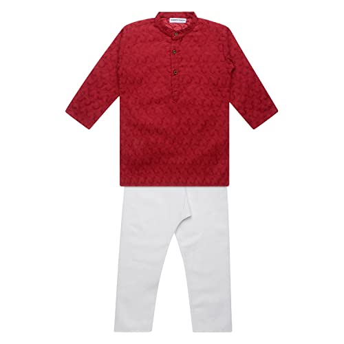 Superminis Baby Boys Ethnic Wear Colored Cotton Chikankari Kurta, Round Collar, Full Sleeves with White Pyjama (Maroon, 3-4 Years)