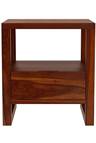 Indoplaza Solid Sheesham Wood Bedside Table with 1 Drawers and Open Shelf Storage Wooden Bed Side End Tables Night Stand for Home and Living Room (Honey Finish)