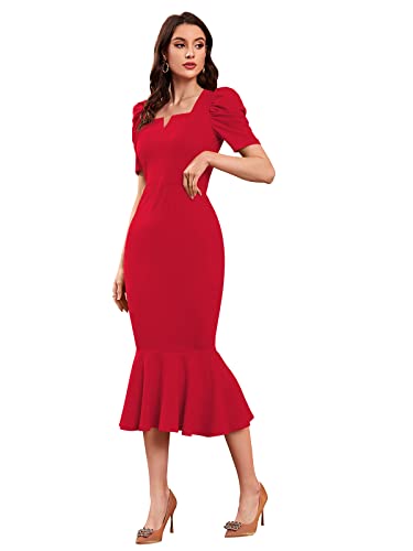 TESSAVEGAS Women's Puff MIDI Bodycon Dress (M, Red)