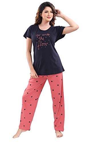 DZZO Cotton Night Suit for Women Girls | Women's Cotton Printed Night Suit Set Pyjama Set Sleepwear Nightwear Nightdress Loungewear (X-Large) Navy Blue