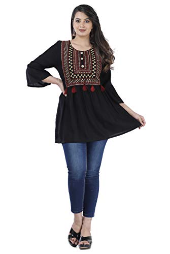 NANAK FEB Women's Rayon Casual Wear Printed Short Kurti/Tunic/Top for Girls Black