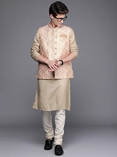 Manyavar Mens Jacket, Nehru Jacket for Men, Ethnic Jacket For Festival, Wedding, Party, Sleevless Jacket Art Silk (Beige, L)