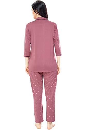 ZEYO Women's Cotton Dot Printed Brown Night Suit Set of Shirt & Pyjama 5242