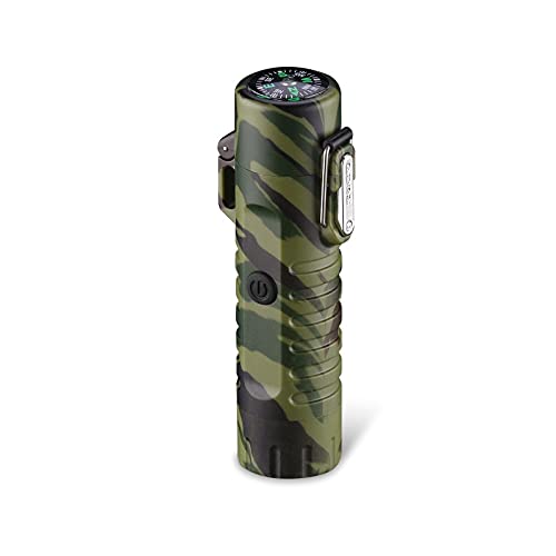 EzLife 3 in 1 Waterproof Rechargeable Electric Lighter with Flashlight & Compass, Dual Arc Plasma Beam Lighter-USB Rechargeable-Windproof-No Butane-Indoor & Outdoor Activities (Camouflage)