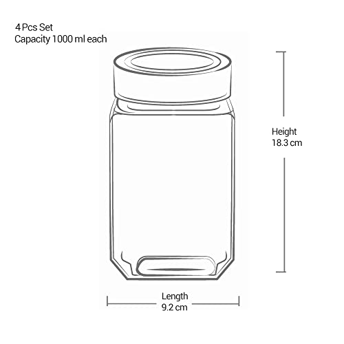 Treo By Milton Cube Storage Glass Jar, Set of 4, 1000 ml Each, Transparent | BPA Free | Storage Jar | Kitchen Organizer | Modular | Multipurpose Jar