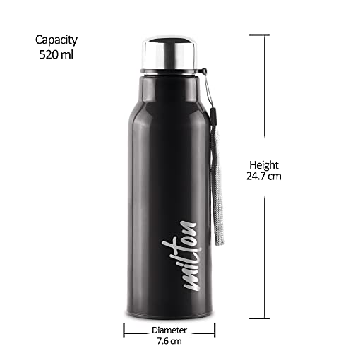 Milton Steel Fit 600 Inner Stainless Steel Water Bottle, 1 Piece, 520 ml, Black | Easy Grip | Leak Proof | Hot or Cold | School | Office | Gym | Hiking | Treking | Travel Bottle