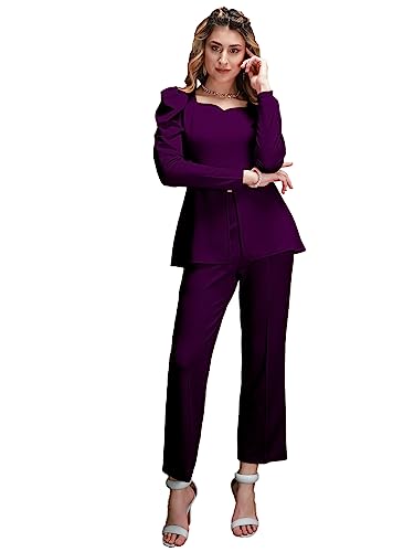 SIRIL Lycra Long Puff Sleeve Sweetheart Neck Co-Ords Set for Women's | Suit Set|Two Piece Dress (485TK10677-XXL_Wine)