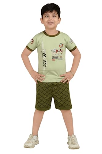 KIDZLIFE Cotton Baby Boys and Baby Girls Kidswear Half Sleeve T-shirt Top Bottom Set Baby Kids Dress (2-3 years, Light Green)