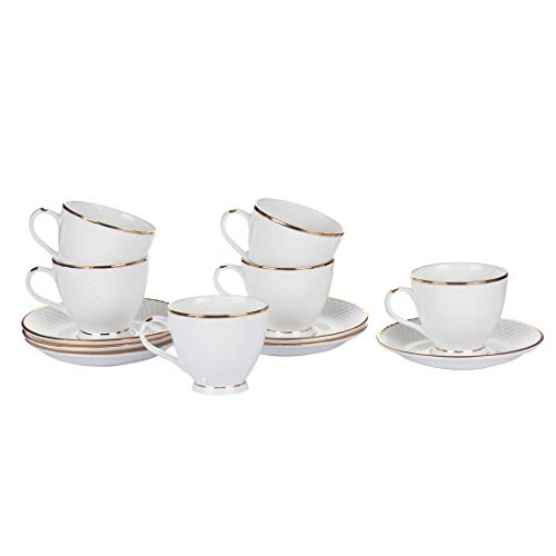 Femora Indian Ceramic Gold Line Diamond Cut Dinnerware White Tea Cups, Mugs and Saucer-200 ml - Set of 6 (6 Cups, 6 Saucer)