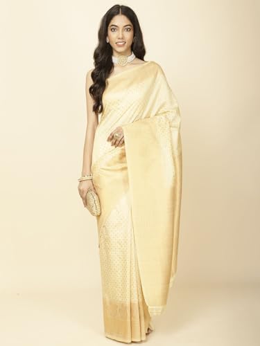 Meena Bazaar Zari Border Woven Booti Handloom Saree With Blouse (Beige)