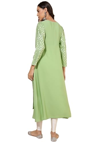 Janasya Women's Light Green Crepe Foil Printed A-Line Kurta(JNE4283-KR-XXL)