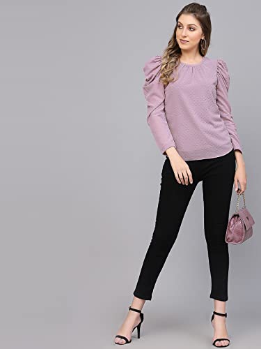 Selvia Women's Dyed Puff Sleeve Rotto Butti Round Neck Casual Top(430TK381N-Xl_Lavender4)