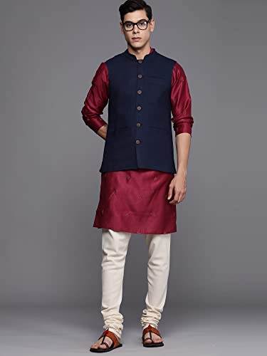 INDO ERA Men's Cotton Blend Solid Ethnic Nehru Jackets(MNJ1NB1119M_Navy Blue_M-Size)