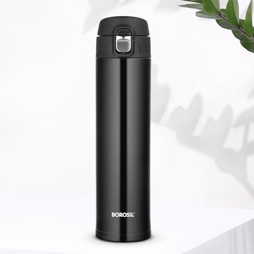 Borosil Hydra Nova Insulated Water Bottle, 500 ml, Stainless Steel Bottle, with Double Wall Vacuum Insulation, 16 Hours Hot & 18 Hours Cold, Black, 1 Year Warranty