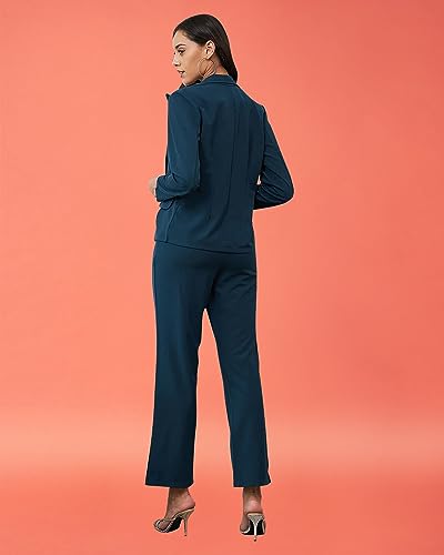 I ENTERPRISE Women's Teal Lycra Solid Three Piece Blazer Co-Ord Set