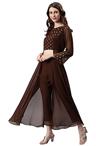 Janasya Women's Brown Georgette Ethnic Motifs Top with Pant(SET273-KR-NP-XS)