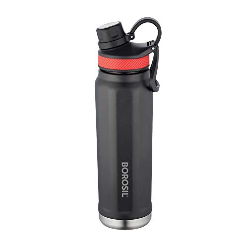 Borosil Stainless Steel Hydra SportSip - Vacuum Insulated Flask Water Bottle, 710 ML, Black