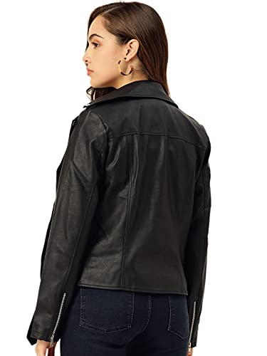 Leather Retail Women's Solid Biker Jacket (LRF11BLME12_Black_Medium)