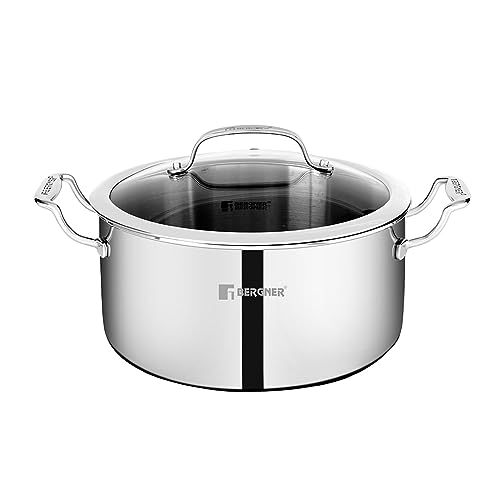 Bergner Hitech Triply Stainless Steel Cooking Casserole/Biryani Pot/Handi with Steel and Glass Lid, Non Stick Prism Technology, 20 cm Induction Bottom, Gas Ready, Metal Spatula Friendly