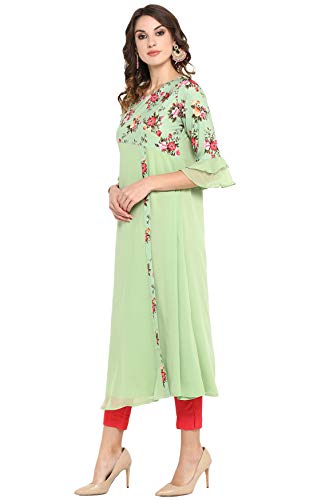 Janasya Women's Light Green Poly Crepe Floral Print A-line Kurta(JNE3368-KR-XL)