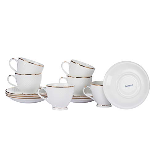 Femora Indian Ceramic Gold Line Diamond Cut Dinnerware White Tea Cups, Mugs and Saucer-200 ml - Set of 6 (6 Cups, 6 Saucer)