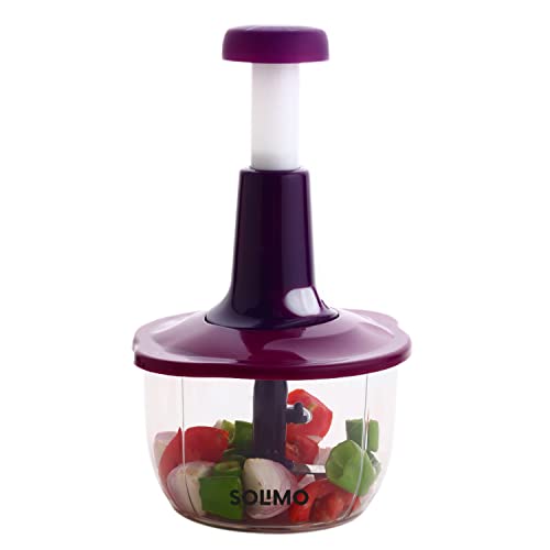 Amazon Brand - Solimo Manual Press Fruit & Vegetable Chopper, with 3 Stainless Steel Blades, 1 Whisker, Food-Grade Unbreakable Plastic Container, Anti-Slip Base, and Locking System, 1400 ml, Purple