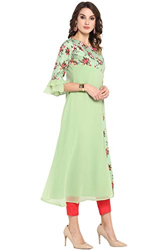 Janasya Women's Light Green Poly Crepe Floral Print A-line Kurta(JNE3368-KR-XL)