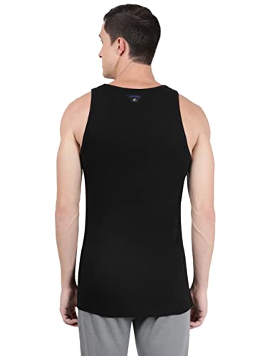 Jockey FP04 Men's Super Combed Cotton Rib Round Neck Sleeveless Vest with Extended Length for Easy Tuck_Black & Neon Blue_M