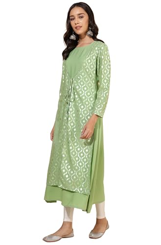 Janasya Women's Light Green Crepe Foil Printed A-Line Kurta(JNE4283-KR-XXL)