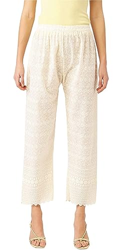 Vastraa Fusion Flared Stylish Lakhnawi Chikankari Pure Cotton Embroidered with Full Chikan Art Work Palazzo or Bottoms for Womens and Girls (VASTRAATS0060) Off-White