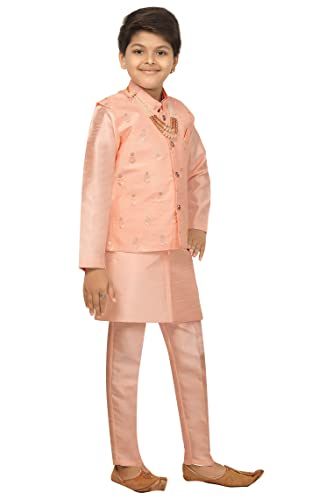 AHHAAAA Kids Ethnic Cotton Silk Blend Nehru Modi Jacket Kurta & Pyjama Set for Boys 475 (8-9 Yrs, Pink)