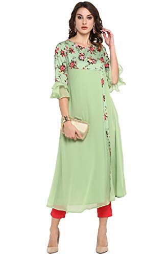 Janasya Women's Light Green Poly Crepe Floral Print A-line Kurta(JNE3368-KR-XL)