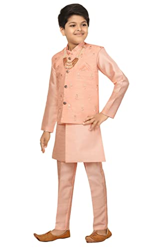 AHHAAAA Kids Ethnic Cotton Silk Blend Nehru Modi Jacket Kurta & Pyjama Set for Boys 475 (8-9 Yrs, Pink)