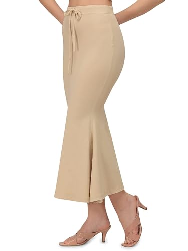 Bureaucrat Saree Shapewear Petticoat for Women Cotton Blended Lycra Shaper Peticoat with Elastic & Lace (naada) Long Under Skirt Shape wear Dress Satin Sari Beige Fishcut Wrinkle Free (Medium, Beige)