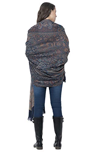 Weavers Villa - Women's Faux Pashmina Silk Paisley Design Shawls, Stoles (Navy Blue)