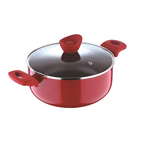 Bergner Bellini Plus Non Stick Casserole/ Biryani Pot/ Handi with Glass Lid, 24 cm, 4.2 Litres, Induction Base, Red, Gas Ready