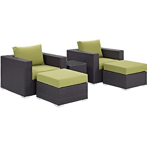 DEVOKO Patio Conversation Set 5 Pieces Outdoor HDPE Wicker Rattan Sofa Furniture Cushioned and Ottomans with Table for Garden,Porch Pool,Balcony.(Black and Green Color)