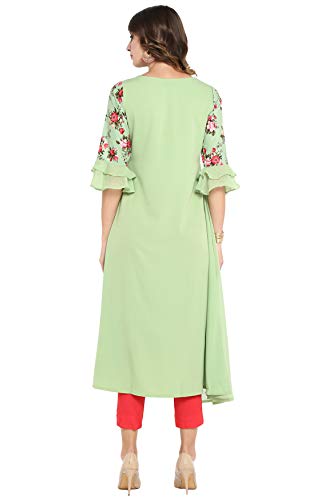 Janasya Women's Light Green Poly Crepe Floral Print A-line Kurta(JNE3368-KR-XL)