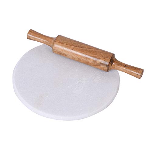 Jaipur Ace Indian White Marble Roti Maker with Wooden Belan/White Marble Chakla 10 Inch Diameter with Belan (White Marble Chakla with Belan)