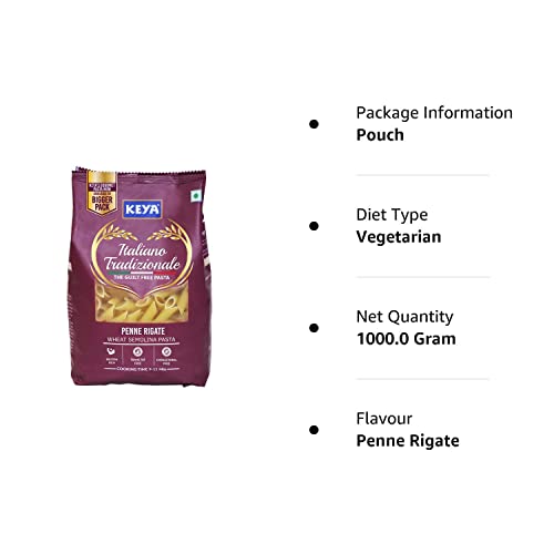 Keya Penne Pasta 1kg, 100% Durum Wheat Pasta | Vegetarian | No MSG | Low in Calories | No Trans Fats | Healthy | Cooked in 10 Minutes