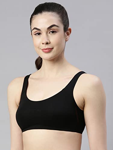 Enamor SB06 Low Impact Slip on Everyday Sports Bra for Women - Non-Padded, Non-Wired & High Coverage | Available in Solids & Prints Black