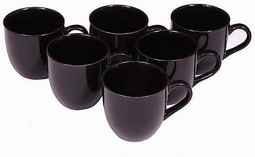 DINNERDINE All Black Glossy Ceramic Tea/Coffee Cup Set - 6 Handmade Ceramic Mugs (220ml) - Microwave Safe